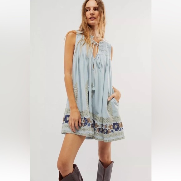 Free People Dresses & Skirts - Free People Love All Mini Dress Floral Embroidery Silver Pleated Wash Blue